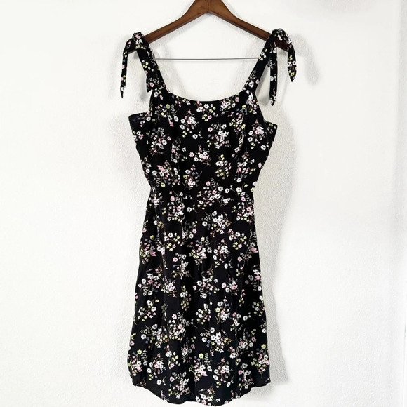 Smocked Tie Shoulder Dainty Ditsy Floral Midi Dress Large Cottagecore Picnic - Picture 1 of 10